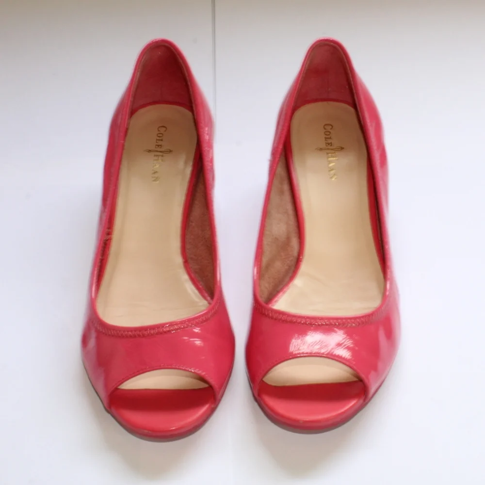 Cole Haan Pink Patent Leather Peep-Toe Wedges with Cork Heel - Picture 5 of 16